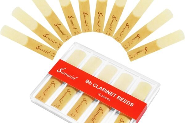 Sovvid Paquete de 10 cañas de clarinete en BB con caja de plástico, cañas de fuerza 2.5 para clarinete, punta de caña más delgada y corte sin limar para facilitar el juego, cañas tradicionales para