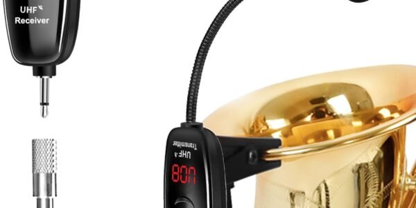 XIAOKOA Micrófono Inalámbrico para Saxofón, Micrófono Inalámbrico UHF para Instrumentos Musicales, Receptor y Transmisor Inalámbrico para Saxofón/Trompeta/Trombón/Clarinete