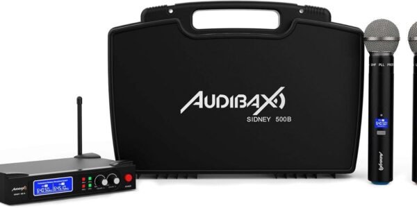 Audibax Sidney 500 B – Sistema de Micrófono Inalámbrico UHF – Micrófono Inalámbrico Profesional Doble de Mano – Modulación Analógica – Incluye Maleta de Transporte – Alcance de 50 Metros